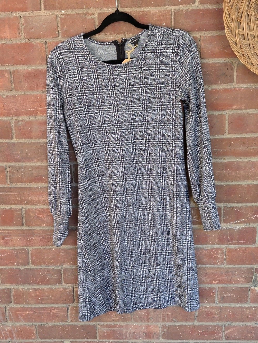 Ann Taylor Black and White Plaid Long-Sleeve Shift Dress
